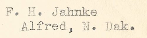 a letter from f.h. jahnke of alfred north dakota sent in the 1930s