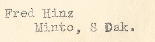 a letter from Fred Hinz of Minto, South Dakota sent in the 1930s
