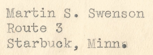 a letter from Martin S Swenson of Starbuck, Minnesota sent in the 1930s