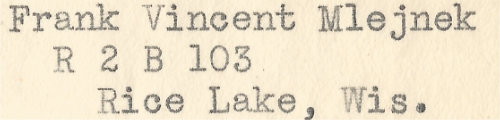 a letter from frank vincent mlejnek of rice lake, wisconsin sent in the 1930s