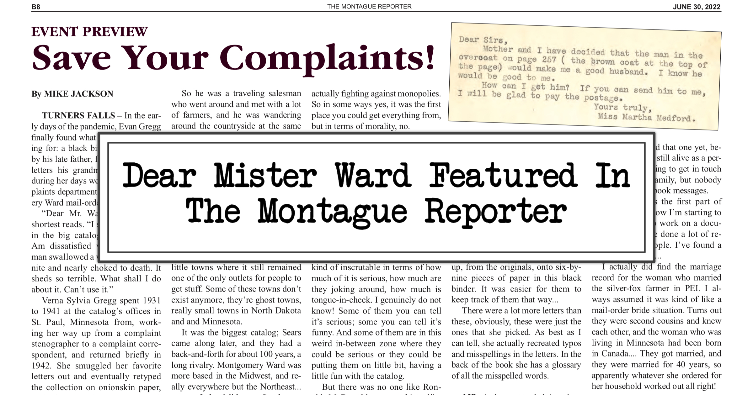 dear mister ward in the montague reporter
